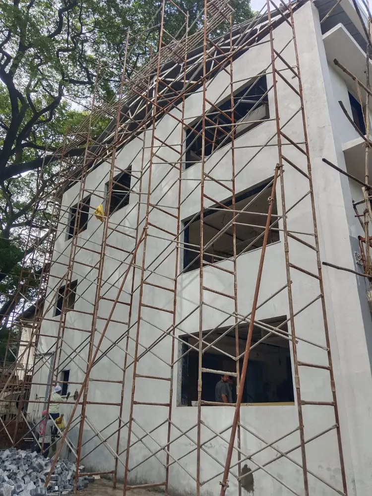 Scaffolding installed along the exterior of a multi-storey building
